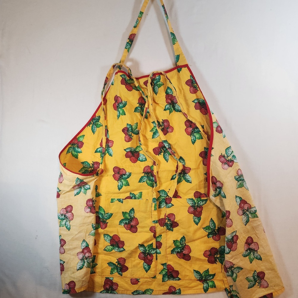Vintage Yellow Strawberry Print Kitchen Apron Red Piping Two Front Pockets